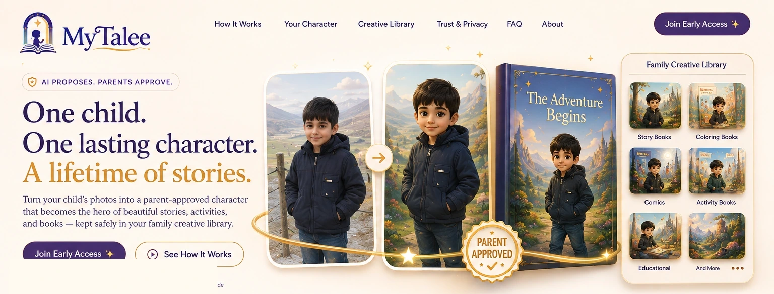 MyTalee introduction showing a child becoming a lasting illustrated character and appearing in personalized stories