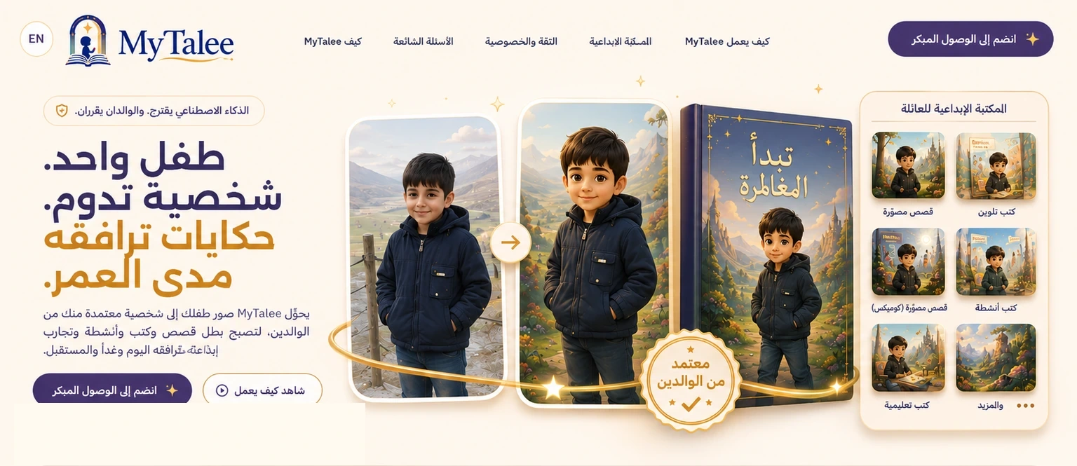 واجهة MyTalee العربية توضح انتقال الطفل إلى شخصية دائمة ثم إلى كتاب وقصص مخصصة