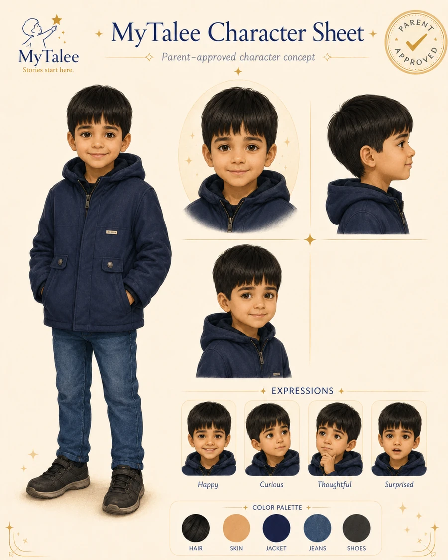 Sample MyTalee Character Sheet showing views, expressions, clothing, and colors