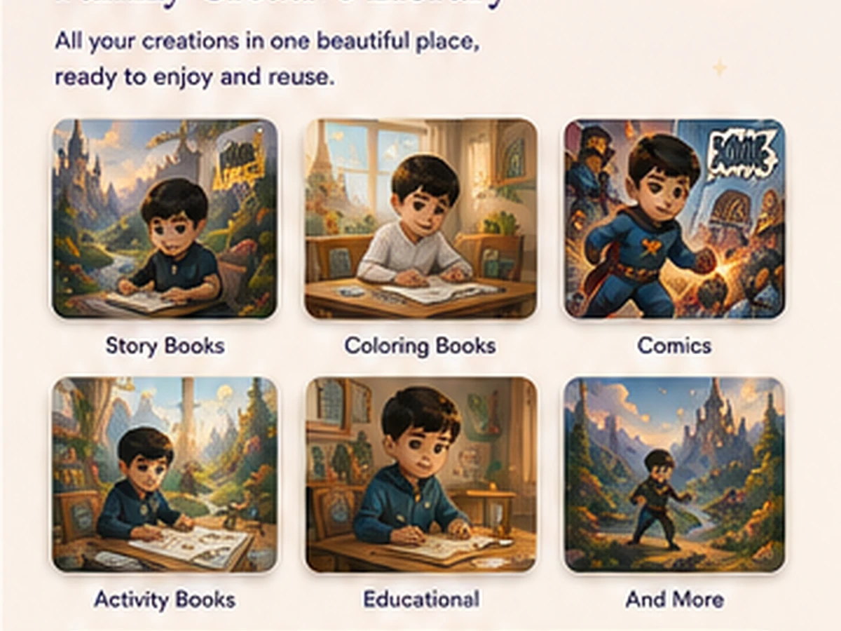 Concept preview of a family creative library with story, coloring, educational, comic, and activity books
