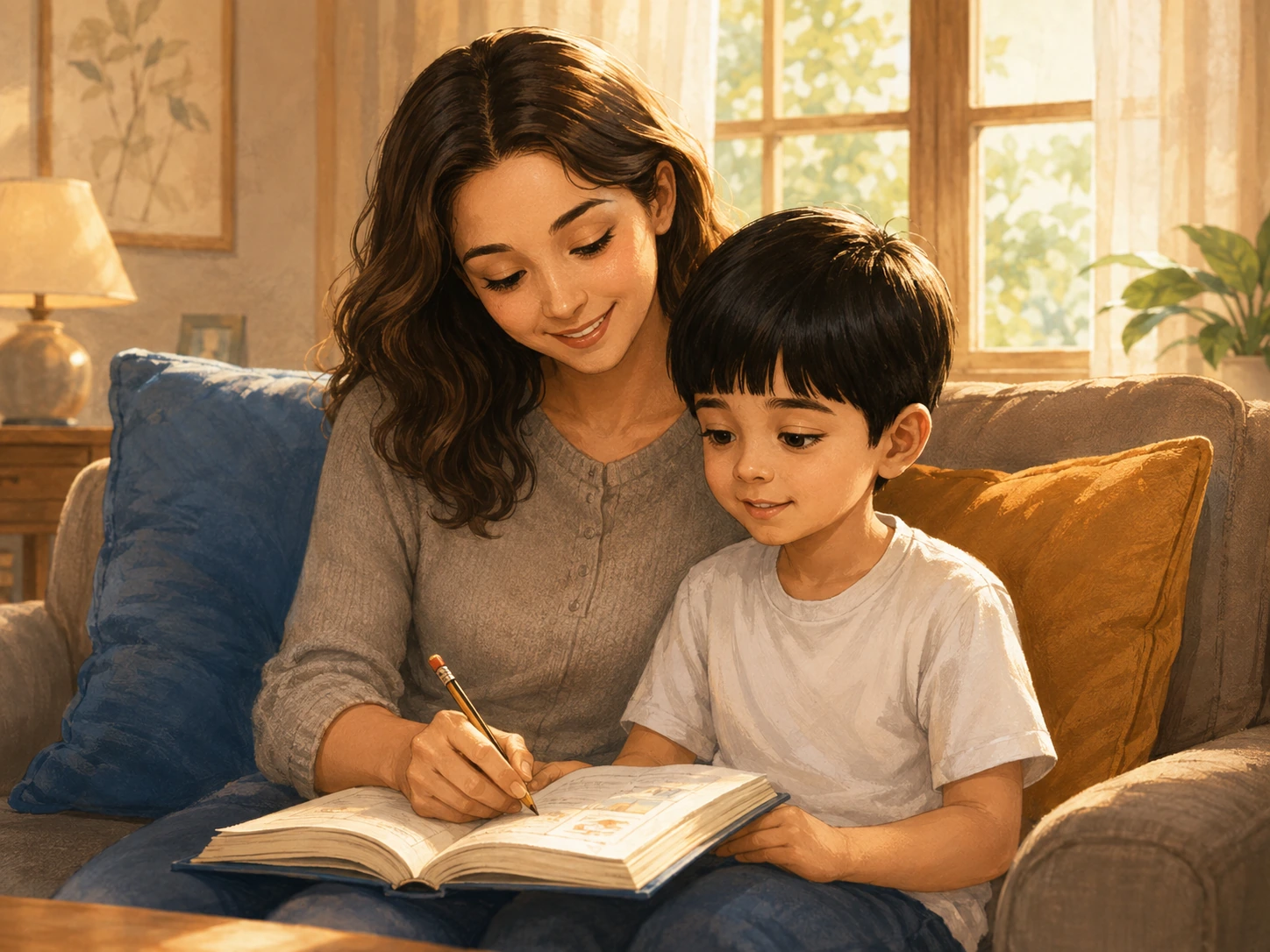 Parent and child reading a storybook together in a warm family setting